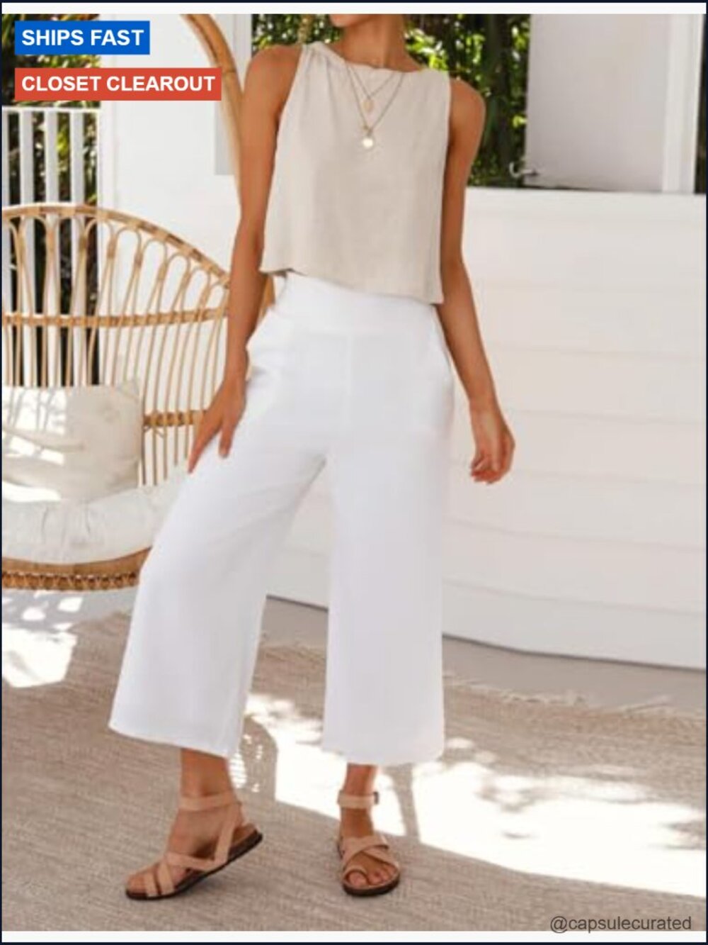 Linen Crop Tank Top Sleeveless High Neck Summer Beach Top - Picture 3 of 4